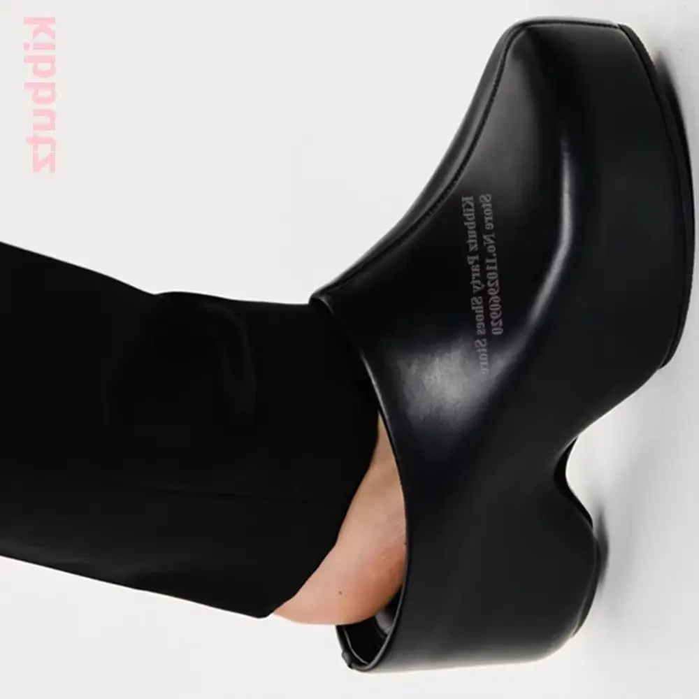 

Mule Pump Shoes Pointed Toe Hoof Heels Luxury Leather Solid Black Slip-On Crystal Glossy Height Increasing Pumps Novelty Newest