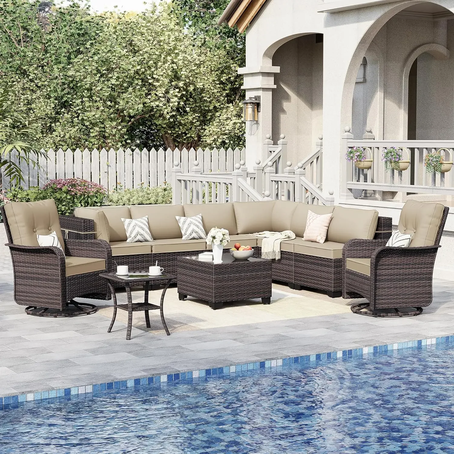 10PCS Patio Furniture Set,Outdoor Sofa Swivel Rocker Chairs Sets with Rattan Side Table, with Coffee Table and Brown Cushions