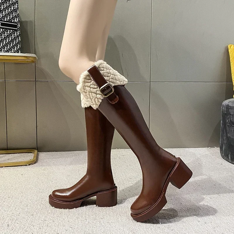 Zapatos de plataforma con cremallera lateral para mujer, botas hasta la rodilla, punta redonda, cálidas, de tubo alto y grueso, a la moda, invierno, 2024