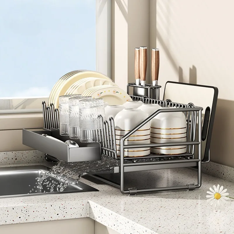 

Bowl and dish drain rack countertop with cup holder, multifunctional sink storage rack, cutlery storage rack, knife holder