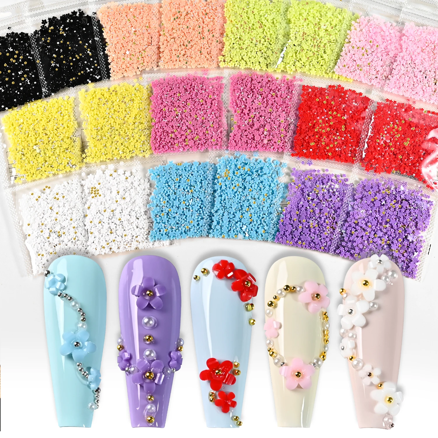 200Pcs/Bag 3D Pink White Acrylic Flower Nail Charms with Gold Caviar Beads Nails  Art Decorations Five-Petals Manicure Accessory - view 6