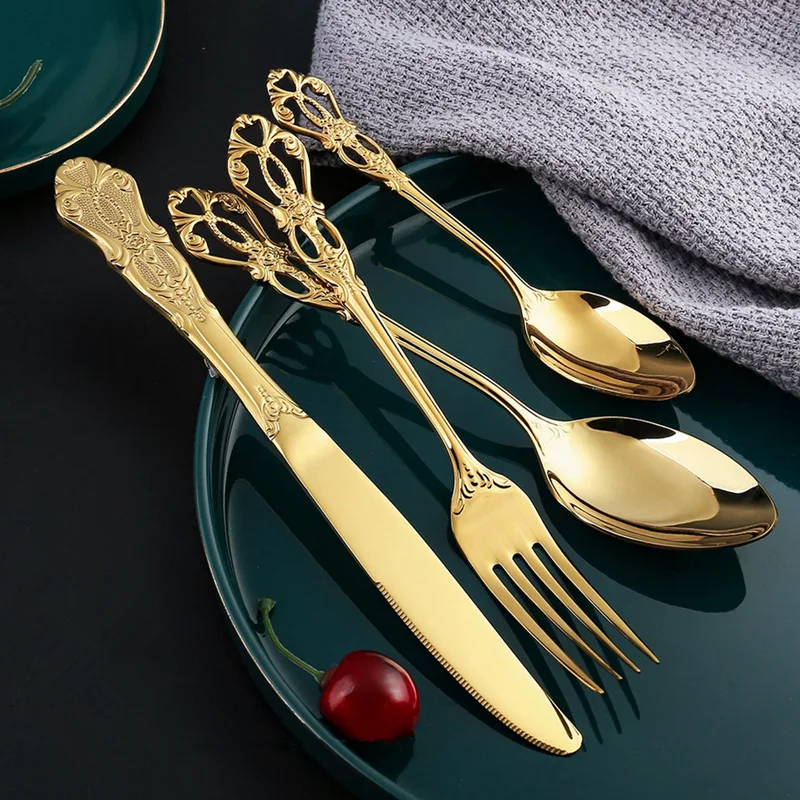 

24pcs 16pcs Luxury Stainless Steel Steak Knife Spoon and Fork Set Gold Cutlery Set Silver Rainbow Dinnerware Drop Ship