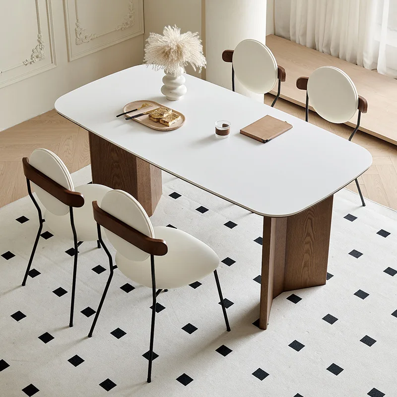 

French retro style solid wood Deli Feng rock slab dining table cream style modern simple table small apartment dining table comb