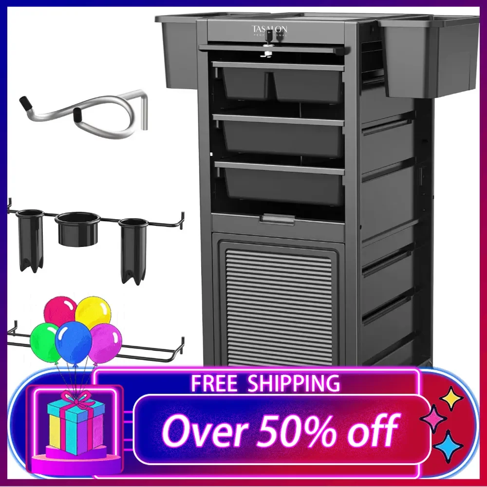 

Beauty Salon Cart - Lockable Salon Trolley Cart with 6 Drawers and Tool Holders, Salon Stations for Hair Stylist, Rolling Carts