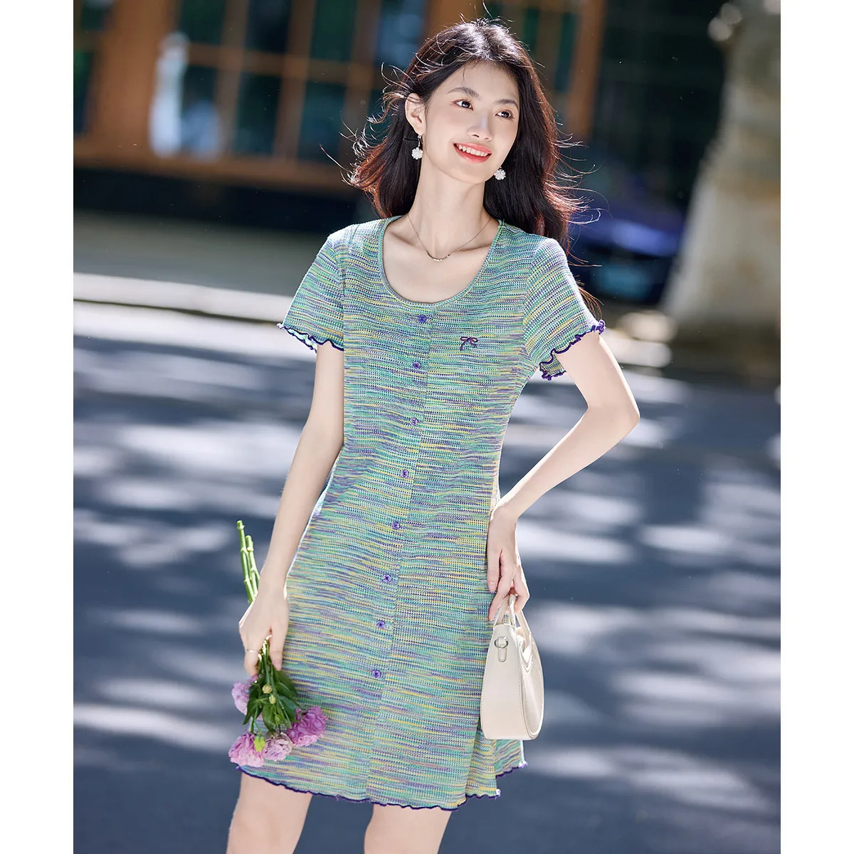

Women's short sleeved multi-color striped knitted dress 2025 summer new small fragrant wind lotus leaf edge dress
