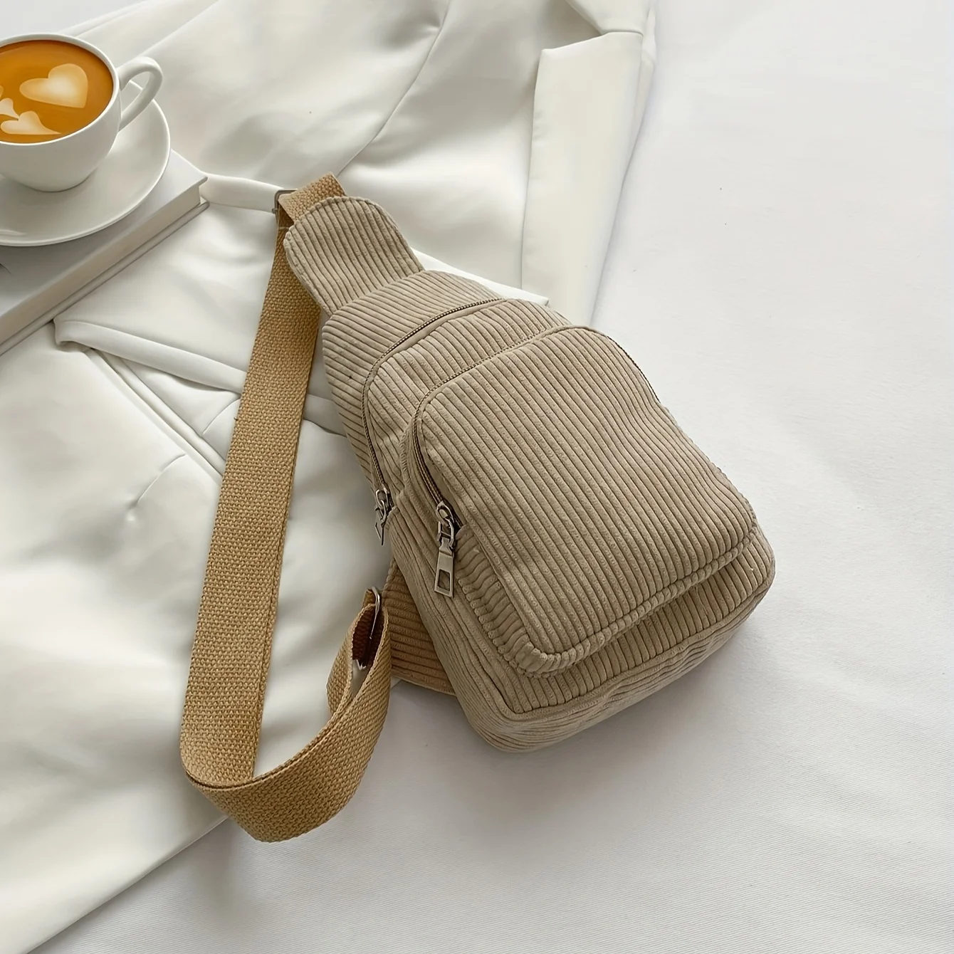 Cord-Damen-Brusttasche, Lässige Leichte Hüfttasche, Koreanischer Stil Vielseitige Einfarbige Extra Weiche Crossbody-Tasche, Schlichte Cord-Umhängetasche – Detail 6