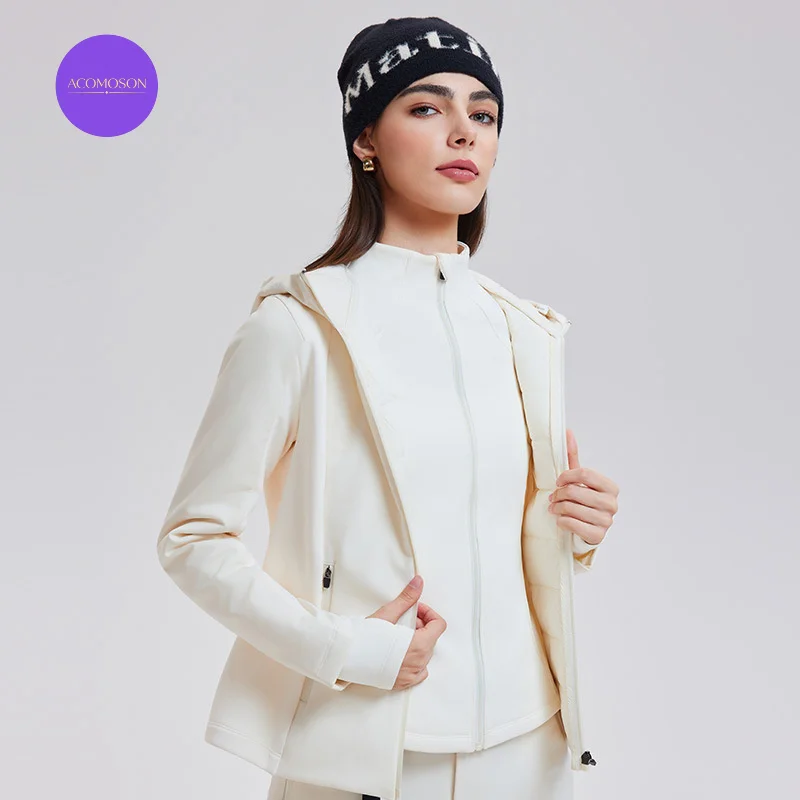 ACOMOSON Luxury Quality Softshell Fleece Jacket Set For Women Winter Travel Hiking White Goose Down Lady Coat