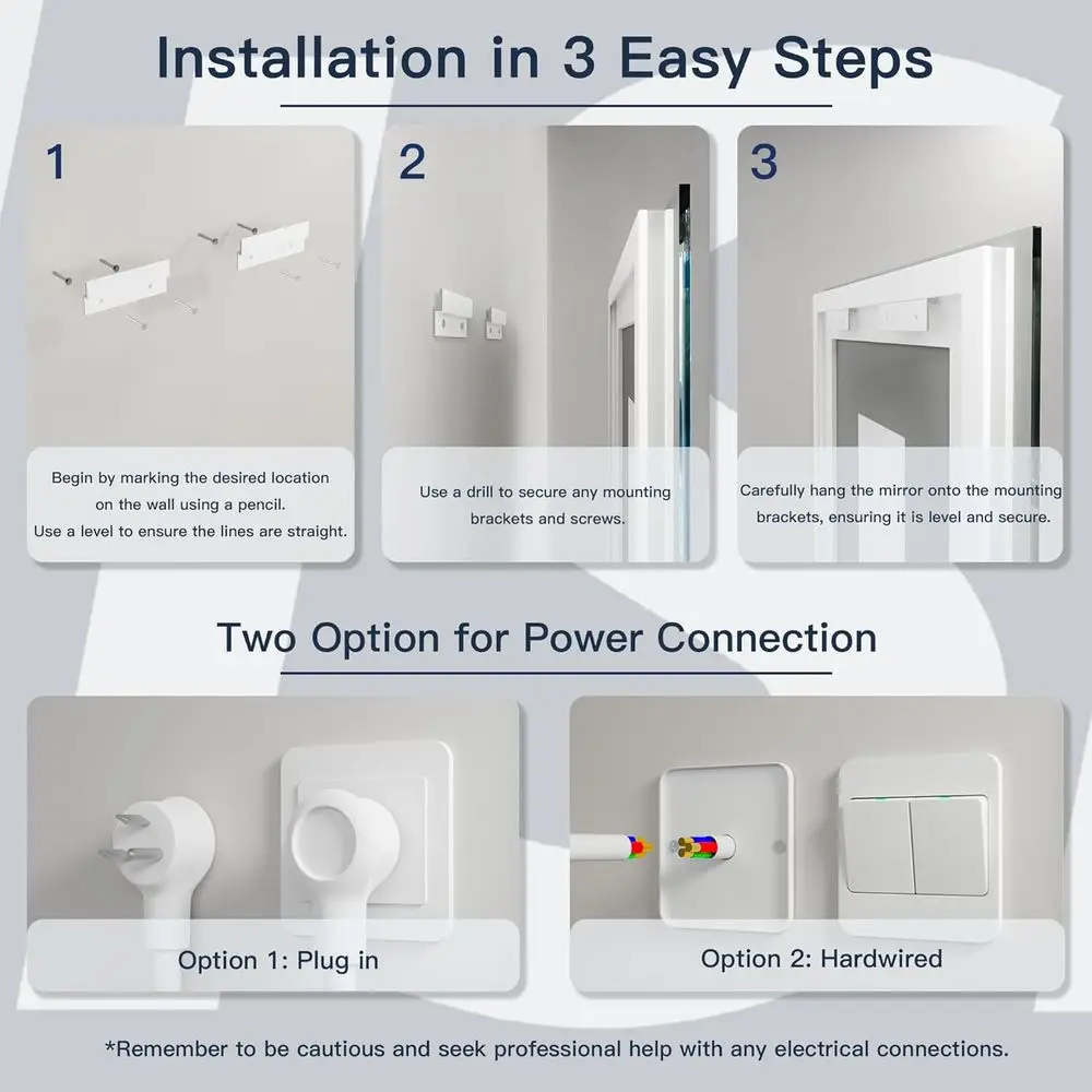Miroir de courtoisie LED mural 24 x 36 avec éclairage avant et arrière, verre trempé antibuée, certifié ETL