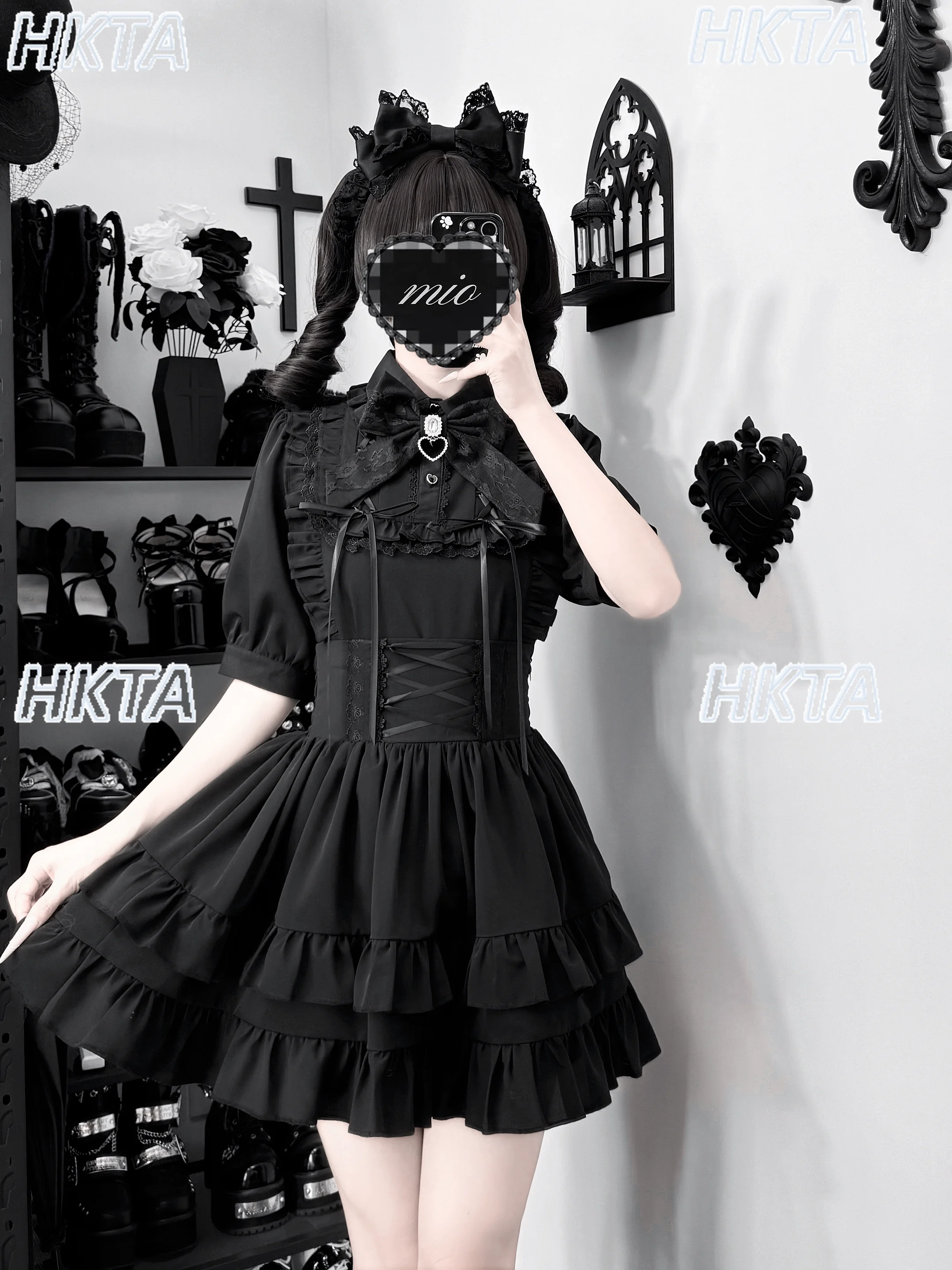 Dark Gothic Subculture Y2k Lace Bow Pleated Straps Short Sleeved Top High Waist Ruffle Cake Skirt Vintage Punk Black Suit Women