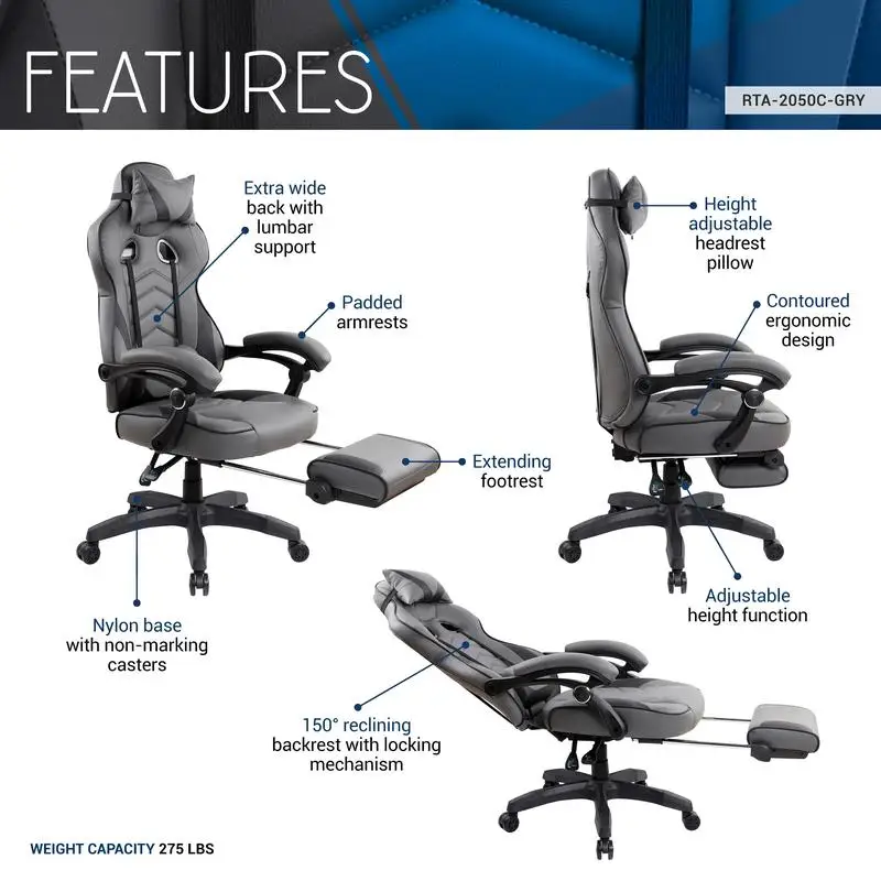 Gaming Racing Style Reclining Office Chair with Footrest, Black & Grey Design