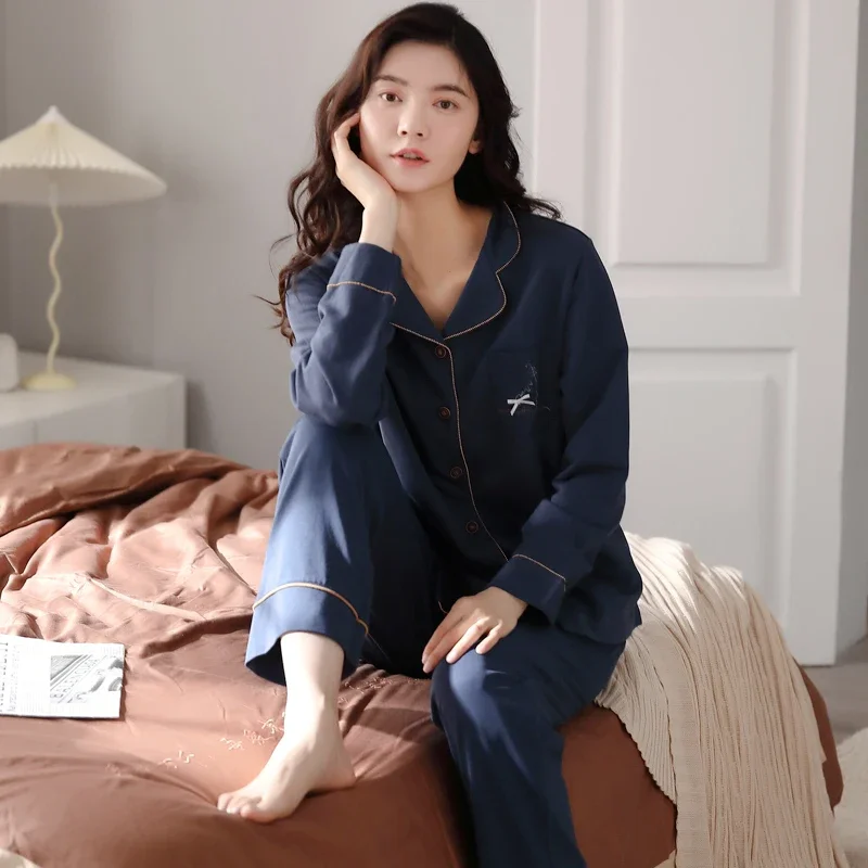 MiiOW Women\'s Pajamas Set Autumn Winter Cotton Sleepwear Loose Turn-down Collar Woman Loungewear Soft Seamless Nightwear Female