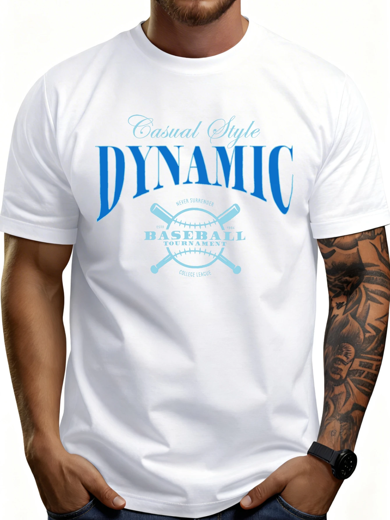 Casual Style Men's T-Shirt with Dynamic Baseball Tournament Design, Recommended for Summer Sports Enthusiasts and as a Gift