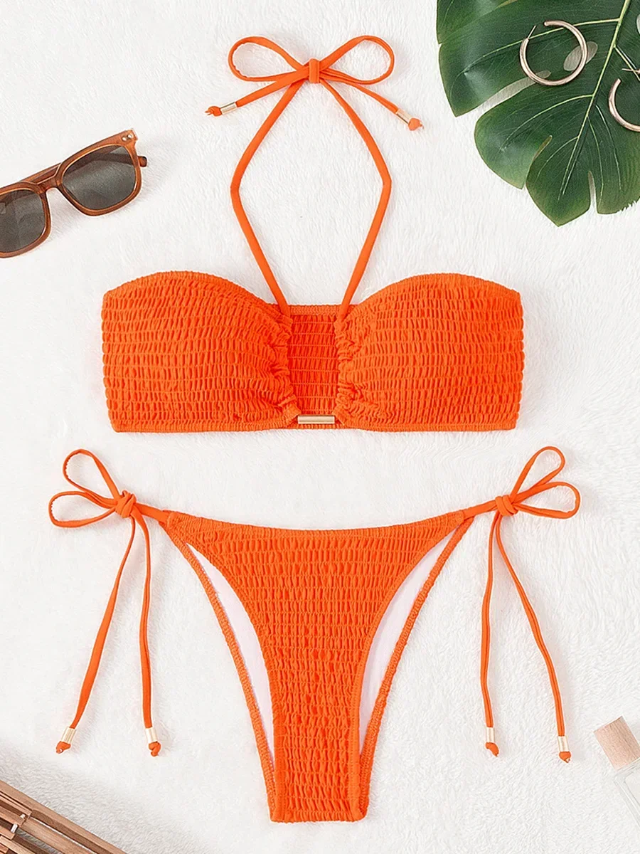 Bikini fruncido plisado con lazo Halter para mujer, traje de baño Bandeau, traje de baño femenino, conjunto de Bikini de dos piezas, traje de baño para nadar, ropa de playa