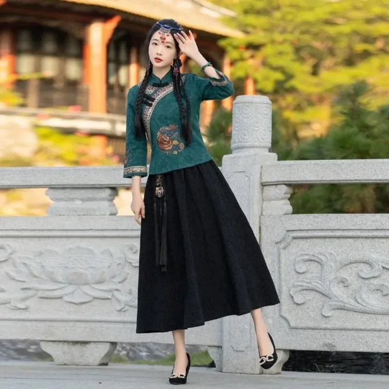 Women Traditional Hanfu Dress Girl Red Peony Embroidered Mid Sleeve Top Black Jacquard Skirt Hanfu Suit Ancient Chinese Costume