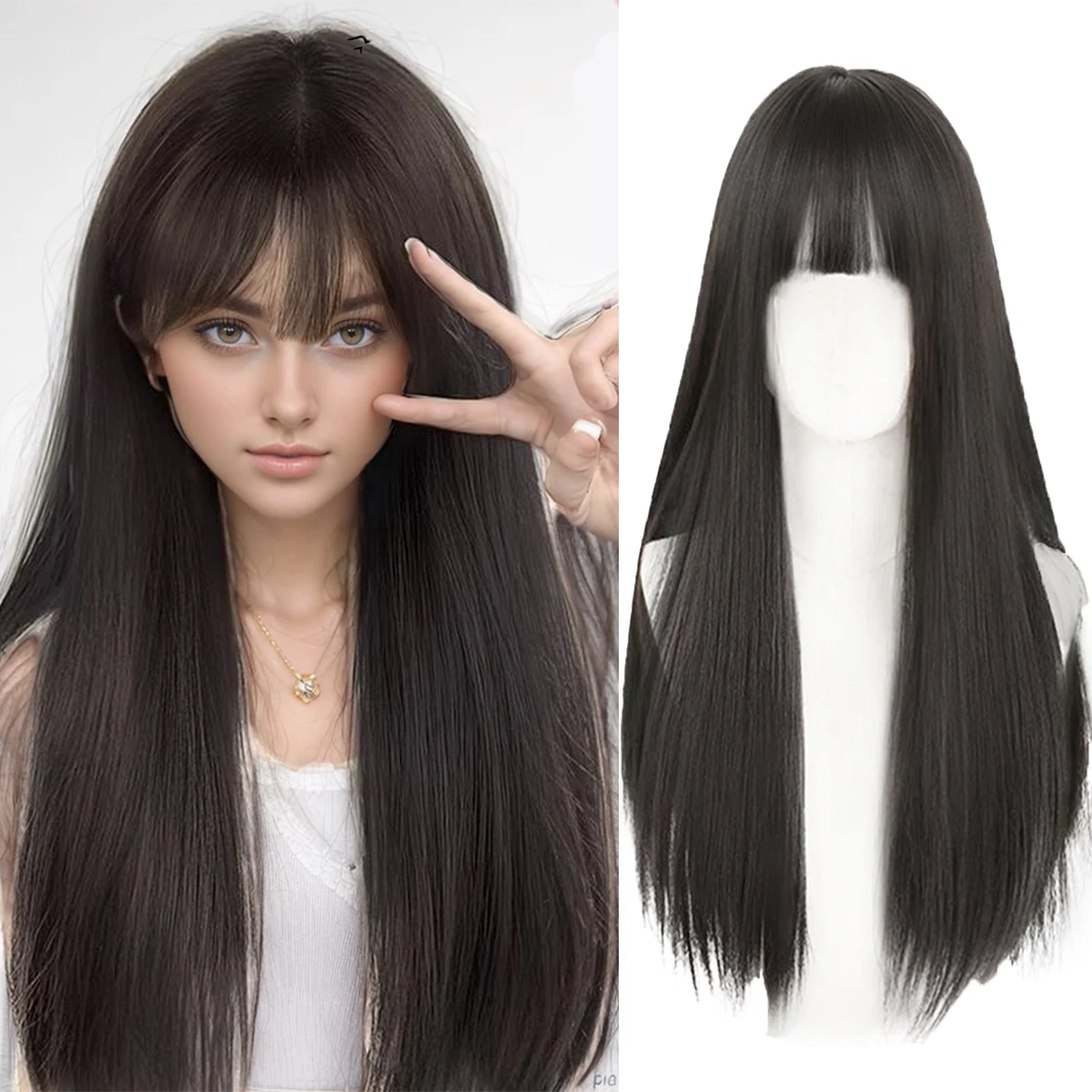 DIFEI 26inches Long straight hair synthetic wig with bangs Lolita woman wig brown and black mixed color cosplay wig