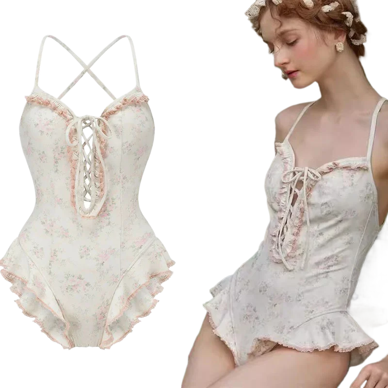 

New Sexy Lolita Flower One-piece Swimsuit Women's Swimwear Women's Lace-up Ruffle Swimsuit Summer Backless Beachwear Role Play