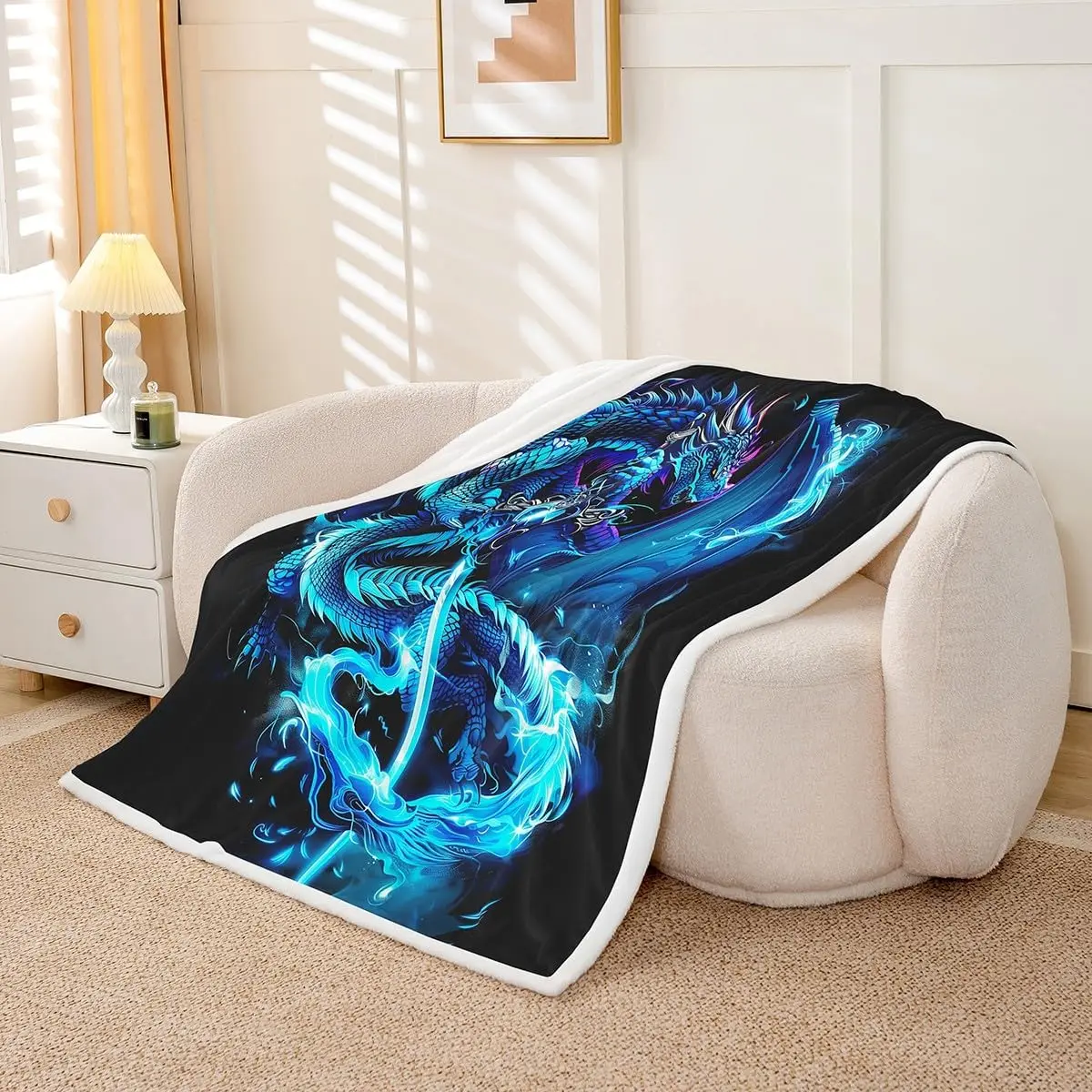 Fantasy Dragon Blanket Throw,Teal Blue Western Dragon Fleece Blanket for Boys Kids,Gaming Gamer Blankets and Throws,Video Game