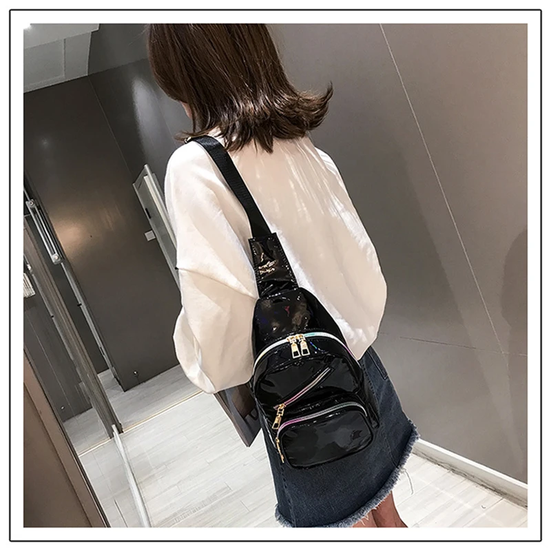 1pcs New Fashion Korean Style Pu Laser Dazzle Chest Bag Women Girls Waist Bag Lacquered Shoulder Crossbody Bag Trendy Bag