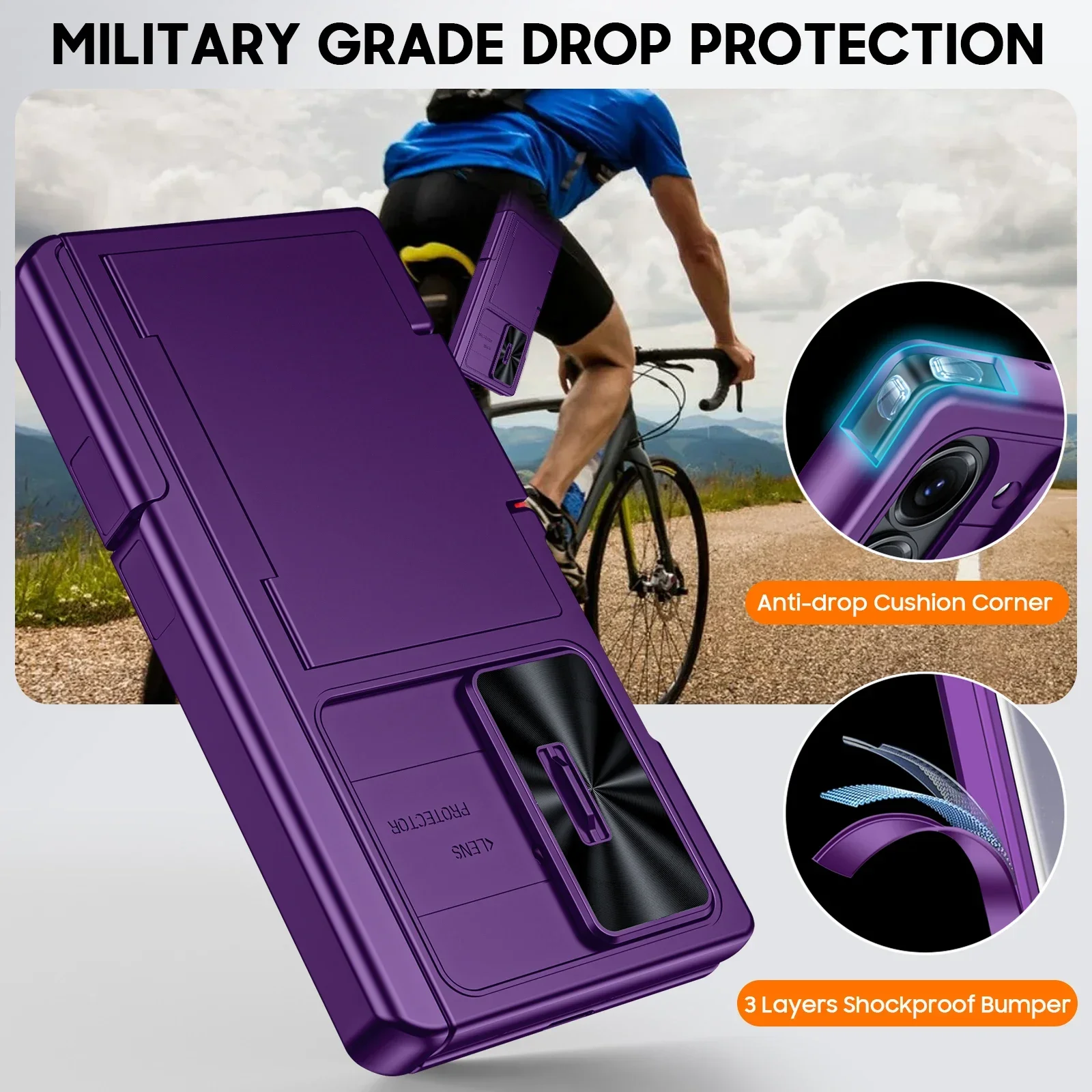 هدايا الهالوين لهاتف Galaxy Z Fold 7 RFID مع حامل بطاقات [مسند] [غطاء كاميرا] جراب هاتف من السيليكون المقاوم للصدمات - أرجواني