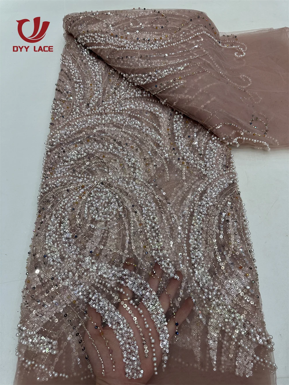 Latest African Lace Fabric High Quality Nigerian Lace Beads Sequins French Net Fabric For Sewing Party Wedding Dresses 5 Yards