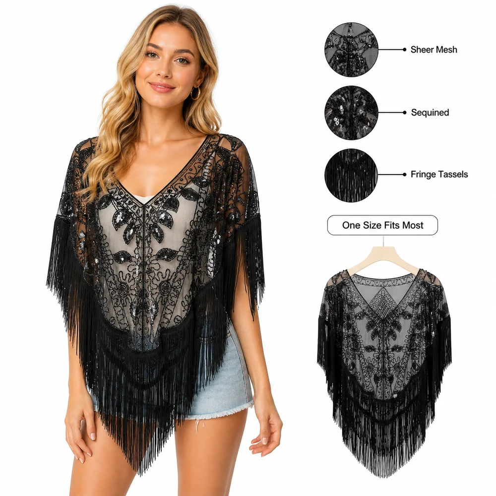 New Mesh Wrap Sequined Shawl Sheer See Through Cloak Cape Cover Up Tulle Shawl With Tassel Flapper Shawl Women
