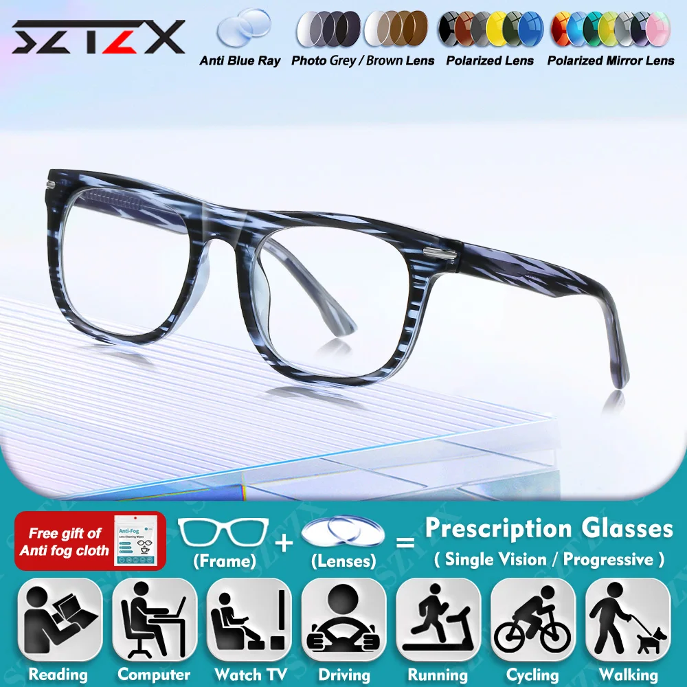 

SZTZX High Quality Trendy Men Square Frame Myopia Prescription Office Glasses Anti Blue Ray Reading Progressive Optical Eyeware