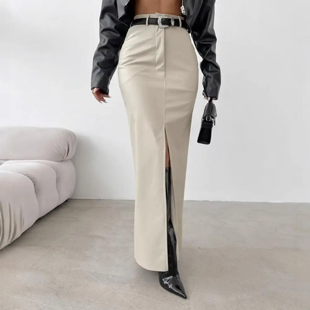 Winter Maxi Skirt Versatile High Waist Skirt Elegant Faux Leather Maxi Skirt with High Waist Slit Hem Featuring Windproof for A