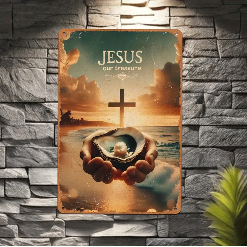 

Jesus, Our Treasure, Vintage Aluminum Sign with Shell and Pearl Design, Waterproof, Pre-Drilled, Religious Wall Art for Home