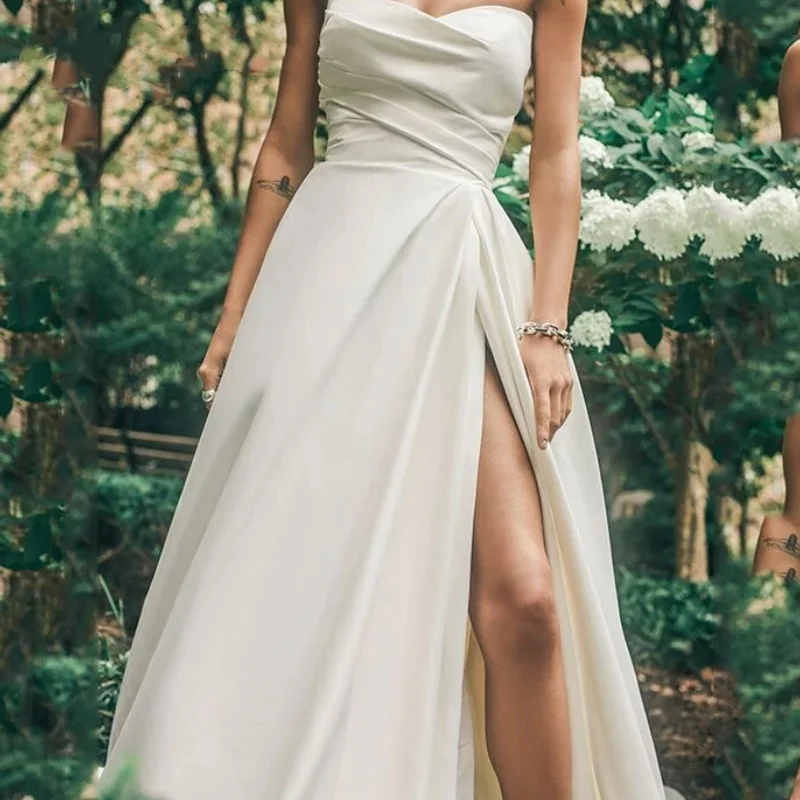 Robe de Mariée en Satin Blanc avec lèvent et Traîne Plissée, Ligne A, Fente Haute, 2024