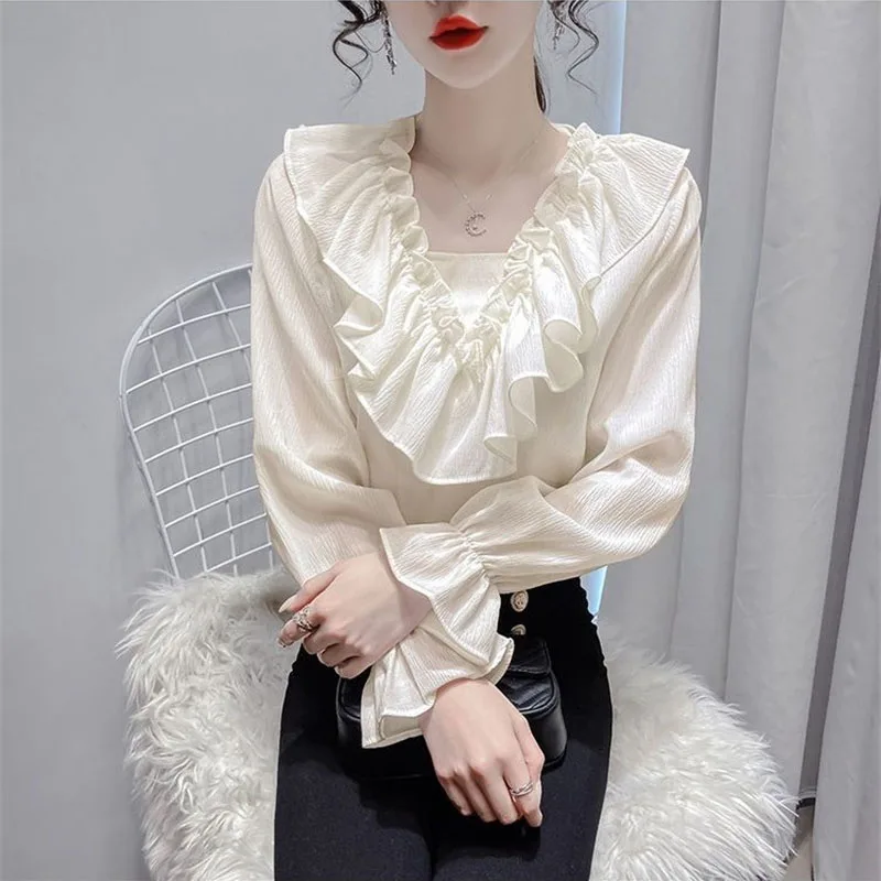 Camisa de gasa con volantes Design Sense, blusa para mujer, novedad de primavera, verano y otoño, Top de manga abombada de estilo coreano hermoso, 2025