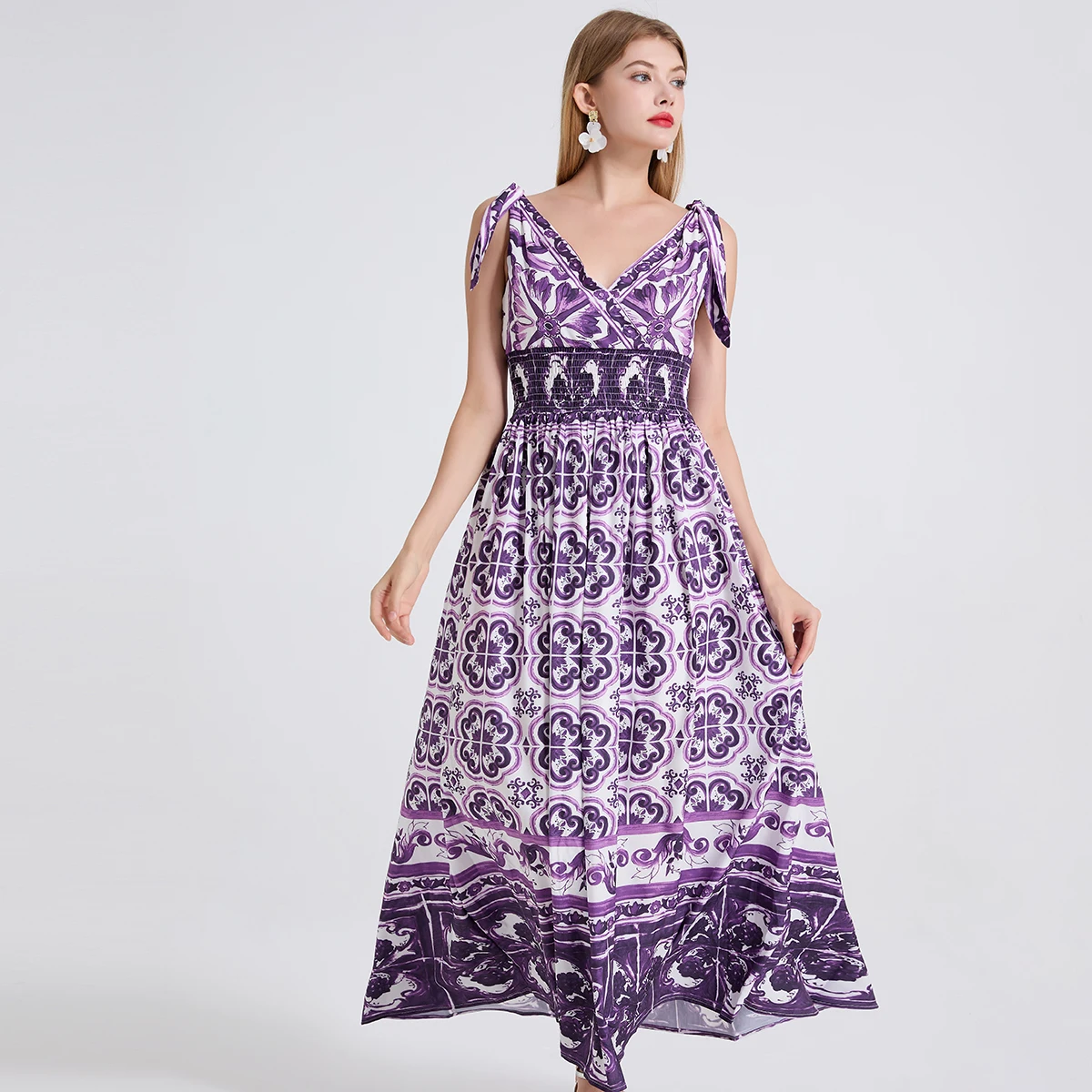 Sexy V-neck Purple Porcelain Printed Bandage High Waist Dress Bow Tie Slim Big Swing Long Maxi Dress For Women Summer New Fashio