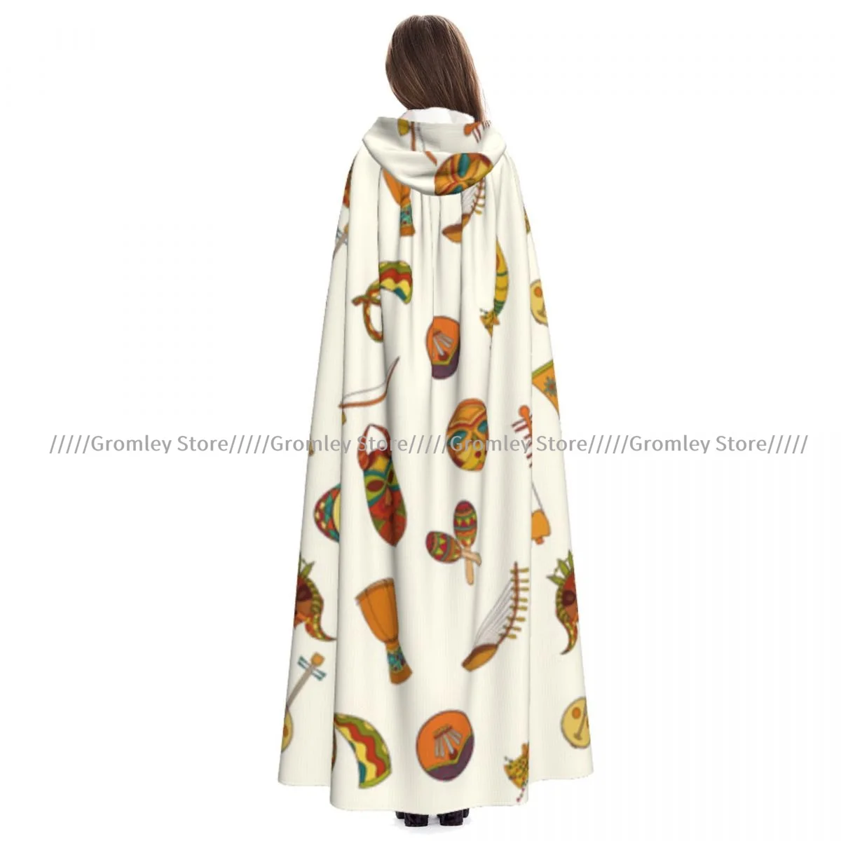 Adult African Music Pattern Cloak Cape Hooded Medieval Costume Witch Wicca Vampire Halloween Costume Dress Coat