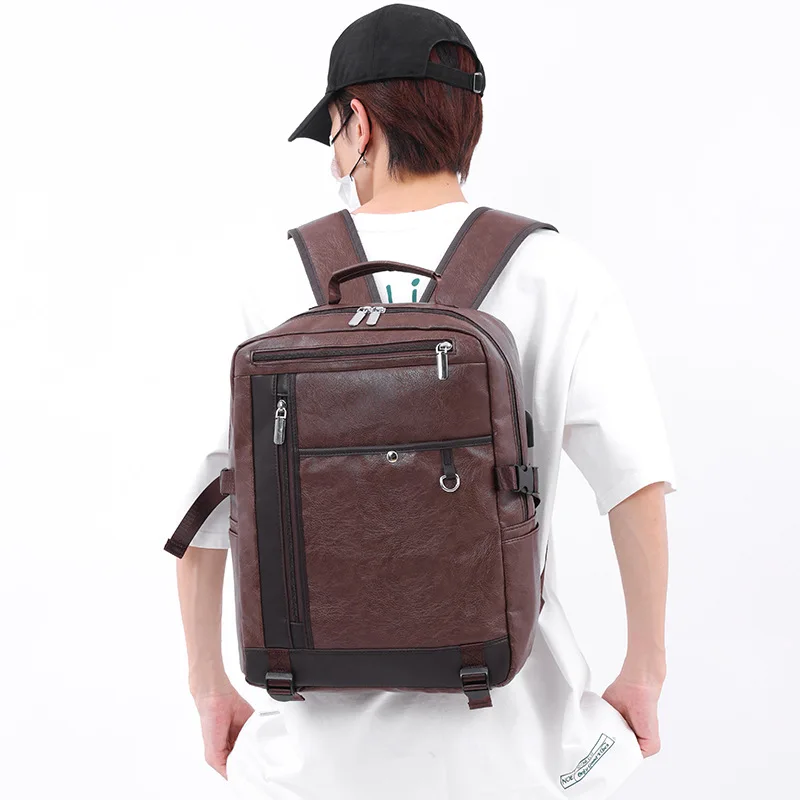 Men Backpack Large Capacity Business Travel Laptop School Bag USB Charging PU Leather Waterproof Casual Backpacks mochila hombre