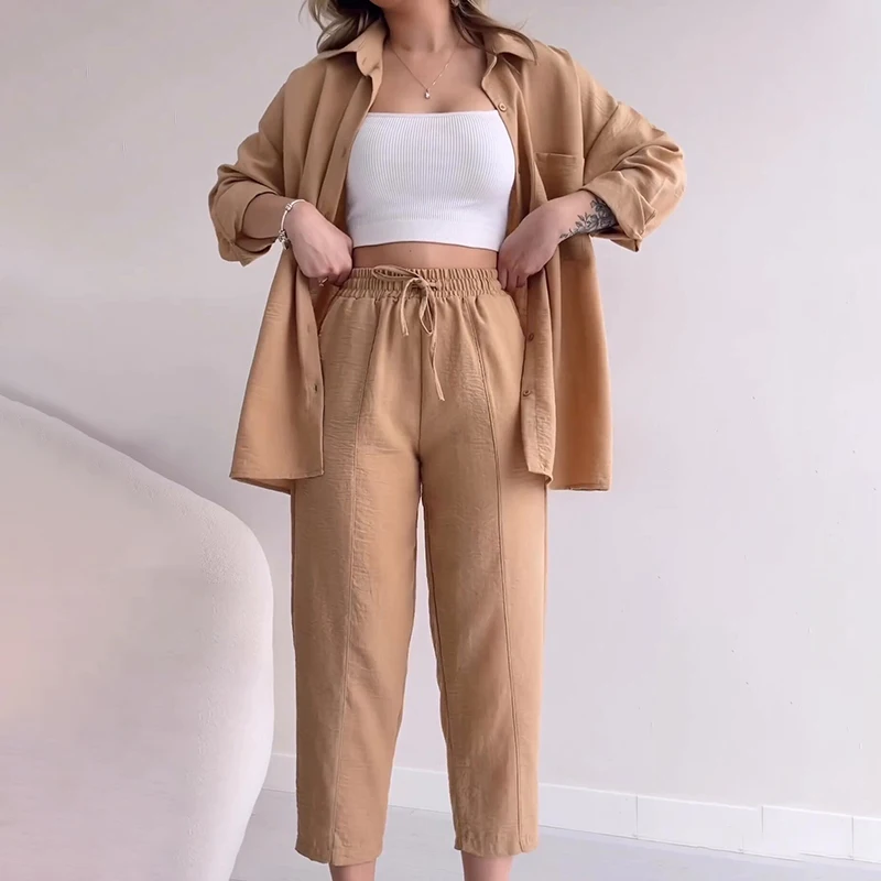 

Summer Women Pant Sets 2 Pieces Suit Summer Long Sleeve Shirts High Wasit Pants Solid Button Elegant Trouser Outfits Clothes