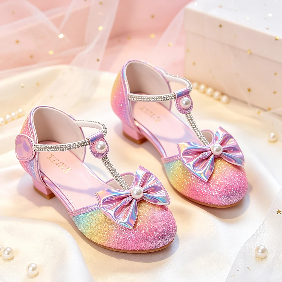 Sparkly Glitter Mary Jane Little Girls High Heels Princess Shoes Pageant Halloween Prom Dance Elegant Party Children's Footwear