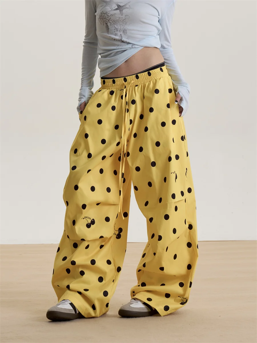 

Американские ретро-брюки в горошек с эластичным поясом, тонкие повседневные брюки для женщин, весенне-летние свободные широкие брюки, длинные брюки