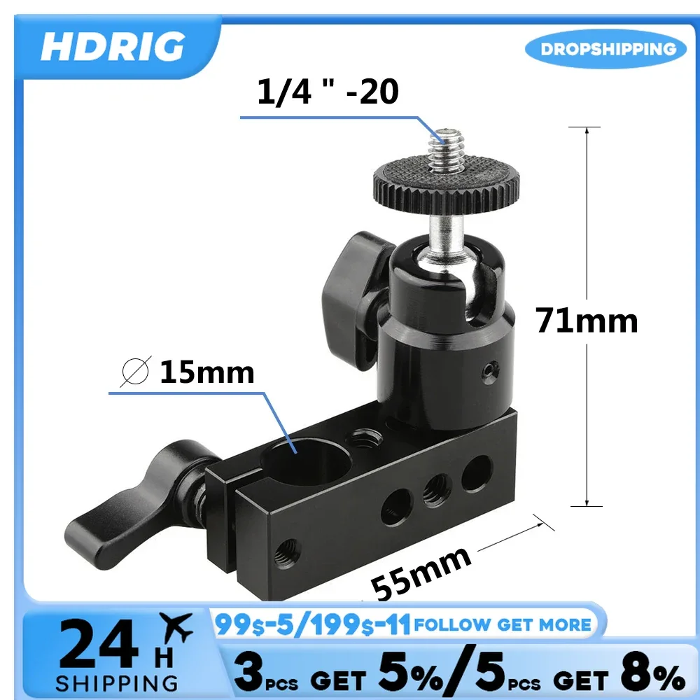 Morsetto a asta singola HDRIG da 15mm con supporto per staffa a testa Mini a sfera da 1/4 "per luce a LED e Monitor LCD