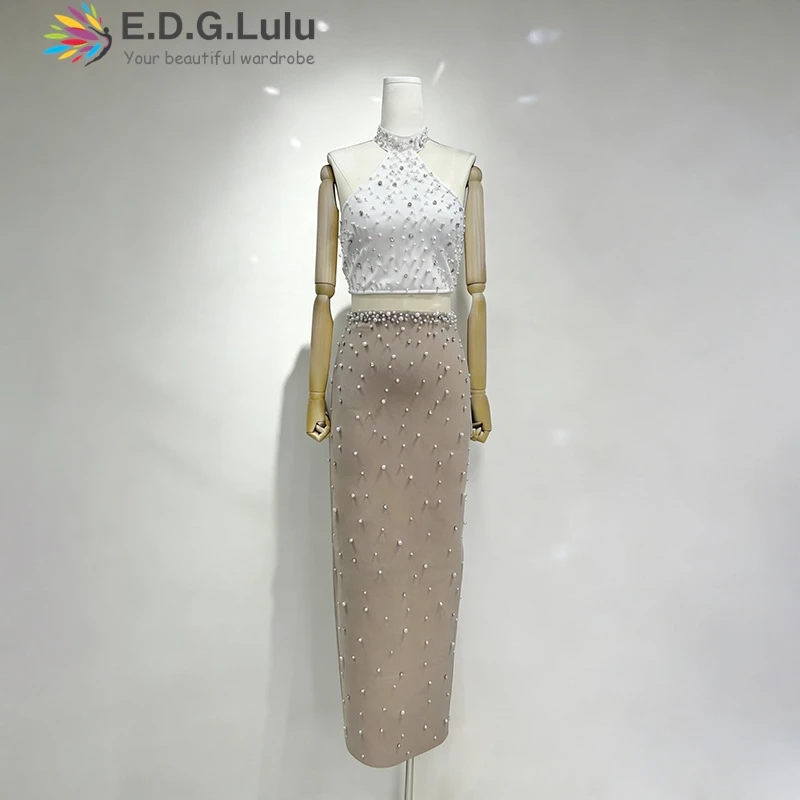 EDGLuLu Women 2 Piece Set Sexy Halter Sleeveless Crop Top +High Waist Bodycon Long Skirt Pearl Beaded Fashion Suit 0406