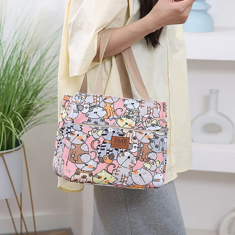 Fashion Print Tote Bag Portable Picnic Canvas Lunch pouch Insulated Large Capacity Bento Bag Travel Thermal Cooler Handbag