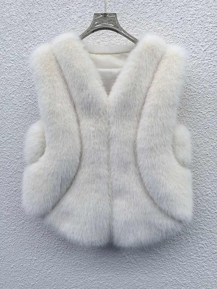 Urban Socialite Exquisite Sleeveless Faux Fur Vest Beige Temperament Elegance Gentle Patchwork Simplicity Dating Commuting Coat