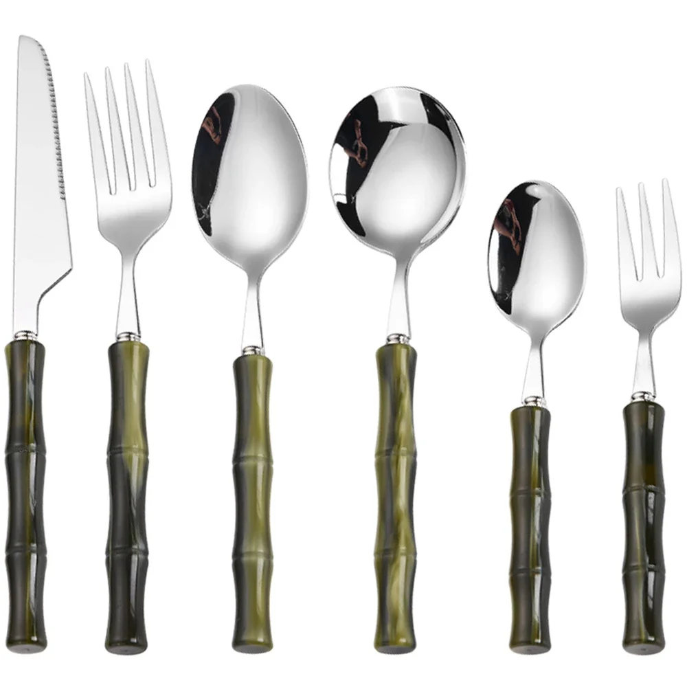 6-teiliges Besteckset mit Acrylgriffen, Edelstahl-Essbesteck in Grün-Silber, Westliches Tafelbesteck für Zuhause und Küche
