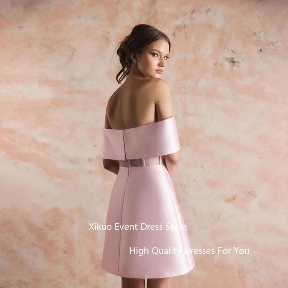 Xikuo فساتين سهرة صغيرة من الساتان الوردي قبالة الكتف رداء حفلات ثلاثية الأبعاد زهرة قصيرة فساتين لحضور الحفلات الموسيقية Vestidos De Fiesta مخصصة