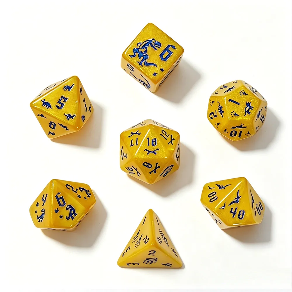 7Pcs Shimmer Golden Yellow Acrylic Polyhedral Dice Set, Blue Engraved Dinosaur & Footprint Rune Symbols Dice, DND RPG MTG Games