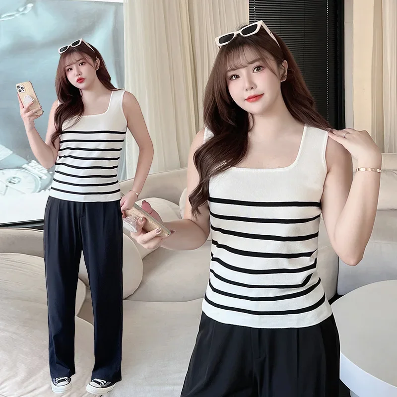 2023 Big Size Women Summer Clothing Large Women Square Neck Knitted Tanks Tops with Fine Stripe Bottoming Basic Sling