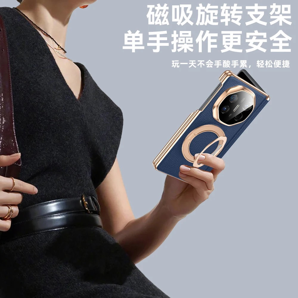 Dual Hinge Genuine Leather Case For Huawei Mate X7 X6  Case 360° Rotation Metal Stand Hands-free Smart View All-inclusive Cover