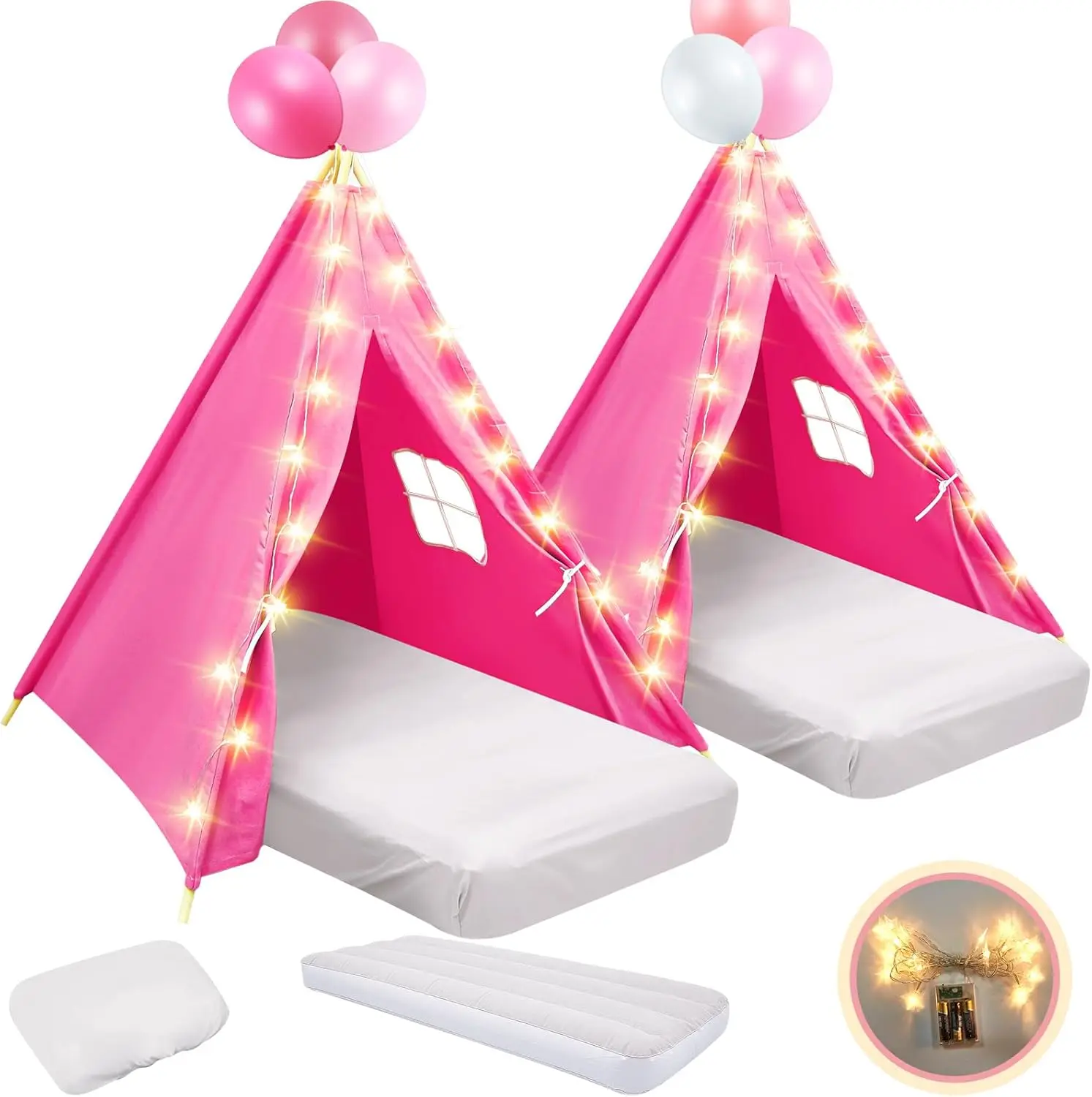2 Pack Kids Teepee Tent with Mattress,Fitted Sheet,Light String,Washable Natural Cotton Toddler Play Tent for Girls Boys Indoor
