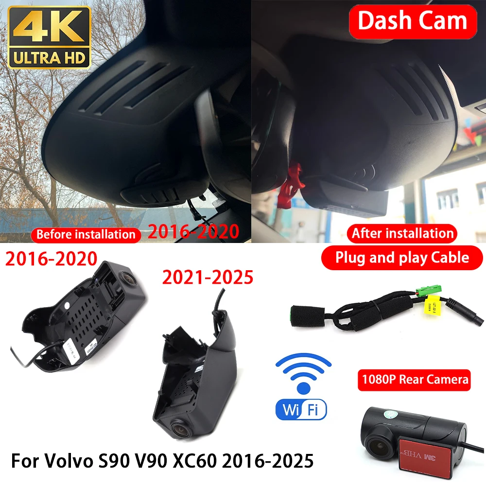 Cámara para Auto 4K con Visión Nocturna y Wifi para Volvo S90 V90 XC60 2016-2025, Grabación en Bucle, Conexión Plug & Play