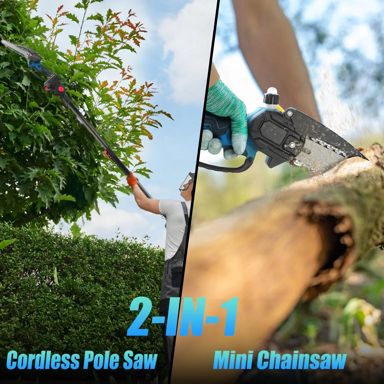2-In-1 8' Cordless Electric Pole Saw and Mini Chainsaw with Extension Poles 2Pcs 21V 3.0Ah Batteries Adjustable Length Chain Saw