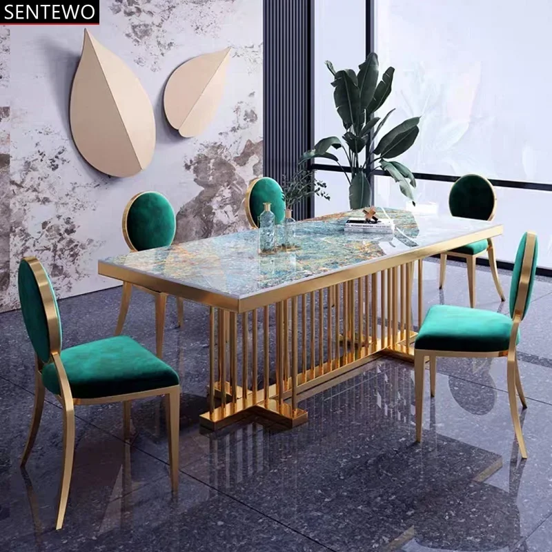 Italian Gold Stainless Steel Wedding Dinning Table Set Luxury 6 Chairs Modern White Marble Dining Tables Sala Sedie Da Pranzo