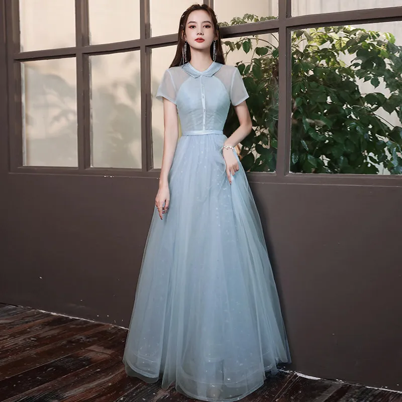 

Evening Dress Sky Blue Elegant Simple O-Neck Floor-Length Empire Short Sleeves Sequins A-Line New Woman Formal Party Gown A2470